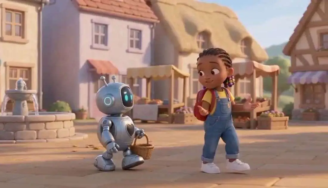 Robo, a small silver robot carrying a basket, walks through the Sunshine Valley market square beside Sabrina, a four-year-old girl in blue dungarees.