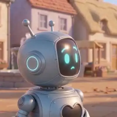Close-up of Robo, a friendly silver robot with glowing blue eyes and a heart-shaped panel on his chest.
